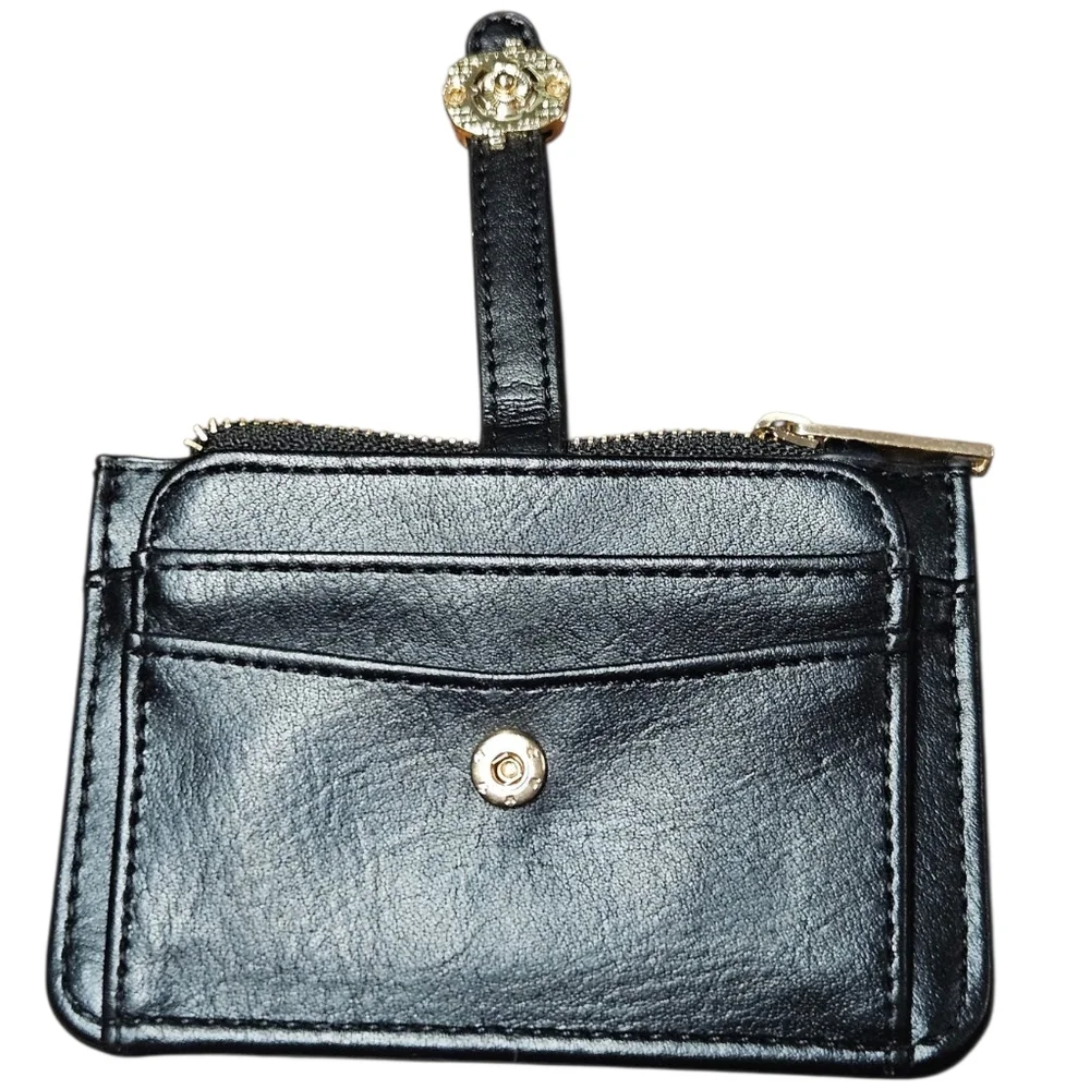 Black Faux Leather Slim Card Holder Wallet with Gold Hardware & ID Window
